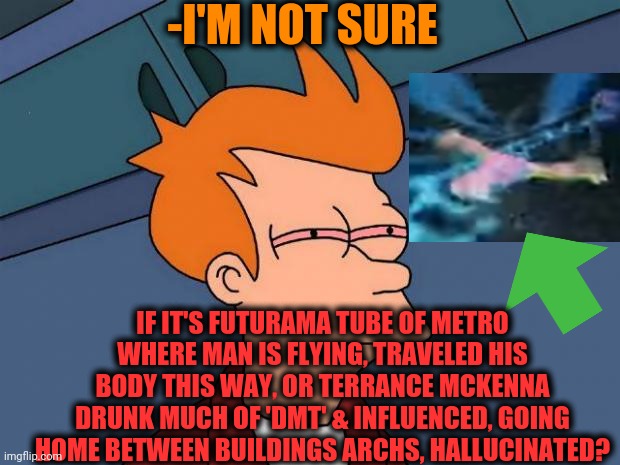 Tripping-lifting. | -I'M NOT SURE; IF IT'S FUTURAMA TUBE OF METRO WHERE MAN IS FLYING, TRAVELED HIS BODY THIS WAY, OR TERRANCE MCKENNA DRUNK MUCH OF 'DMT' & INFLUENCED, GOING HOME BETWEEN BUILDINGS ARCHS, HALLUCINATED? | image tagged in stoned fry,psychedelics,you're drunk,go home,youtube comments,drugs are bad | made w/ Imgflip meme maker