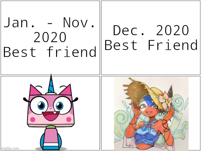 Best friends? | Jan. - Nov.
2020
Best friend; Dec. 2020
Best Friend | image tagged in memes,blank comic panel 2x2,countryhumans,unikitty,philippines,bff | made w/ Imgflip meme maker