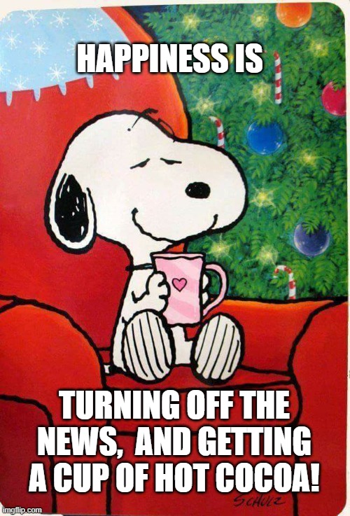 Snoopy Christmas | HAPPINESS IS; TURNING OFF THE NEWS,  AND GETTING A CUP OF HOT COCOA! | image tagged in snoopy christmas | made w/ Imgflip meme maker