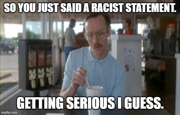 So I Guess You Can Say Things Are Getting Pretty Serious Meme | SO YOU JUST SAID A RACIST STATEMENT. GETTING SERIOUS I GUESS. | image tagged in memes,so i guess you can say things are getting pretty serious | made w/ Imgflip meme maker