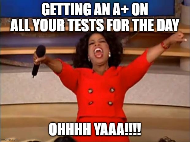 Oprah You Get A | GETTING AN A+ ON ALL YOUR TESTS FOR THE DAY; OHHHH YAAA!!!! | image tagged in memes,oprah you get a | made w/ Imgflip meme maker