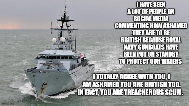 I HAVE SEEN A LOT OF PEOPLE ON SOCIAL MEDIA COMMENTING HOW ASHAMED THEY ARE TO BE BRITISH BECAUSE ROYAL NAVY GUNBOATS HAVE BEEN PUT ON STANDBY TO PROTECT OUR WATERS; I TOTALLY AGREE WITH YOU, I AM ASHAMED YOU ARE BRITISH TOO. IN FACT, YOU ARE TREACHEROUS SCUM. | image tagged in brexit election 2019 | made w/ Imgflip meme maker