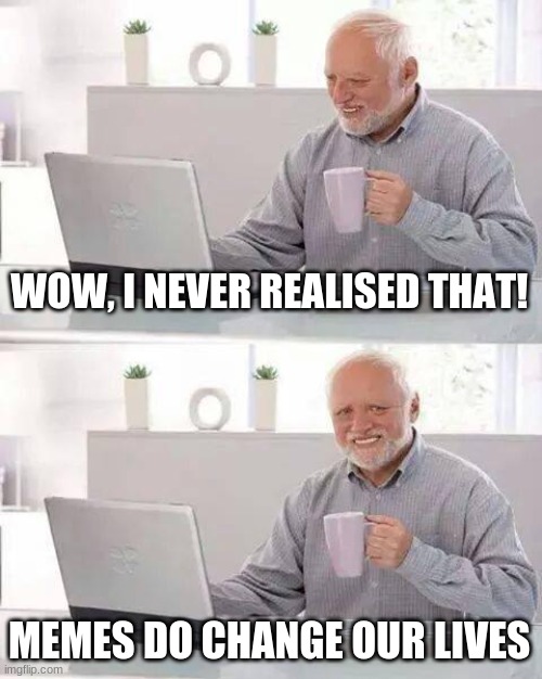 WOW, I NEVER REALISED THAT! MEMES DO CHANGE OUR LIVES | image tagged in memes,hide the pain harold | made w/ Imgflip meme maker