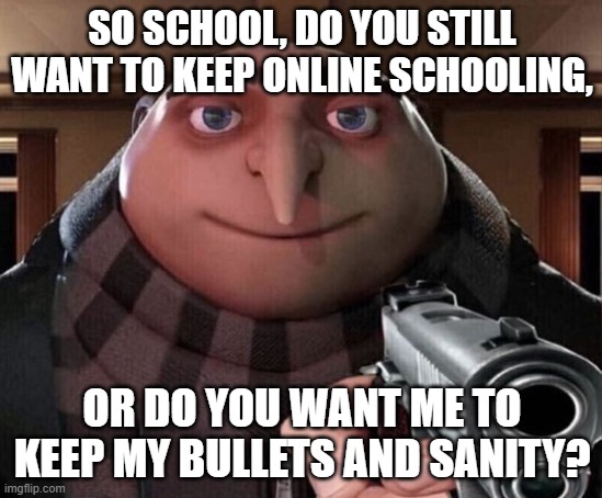#HATESCHOOL | SO SCHOOL, DO YOU STILL WANT TO KEEP ONLINE SCHOOLING, OR DO YOU WANT ME TO KEEP MY BULLETS AND SANITY? | image tagged in gru gun | made w/ Imgflip meme maker