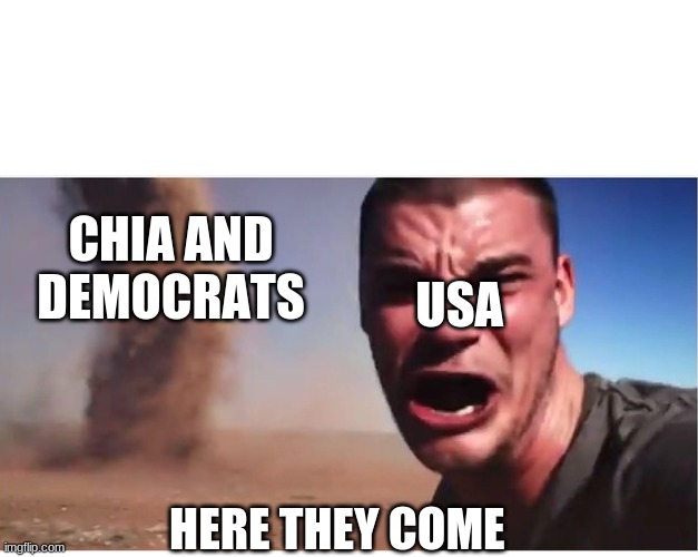Here it come meme | CHIA AND DEMOCRATS USA HERE THEY COME | image tagged in here it come meme | made w/ Imgflip meme maker