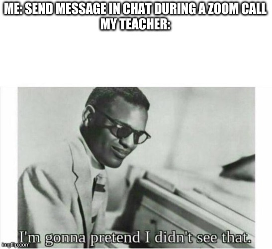 why u bully me | ME: SEND MESSAGE IN CHAT DURING A ZOOM CALL
MY TEACHER: | image tagged in im gonna pretend i didnt see that,school | made w/ Imgflip meme maker