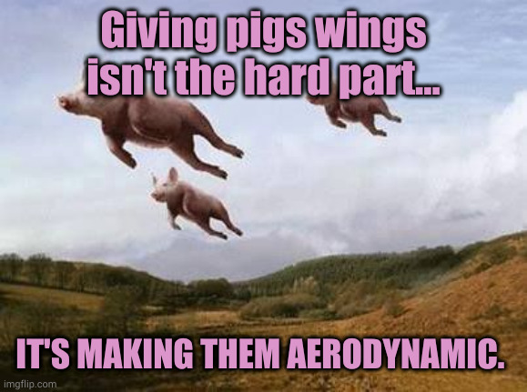 Pigs Fly | Giving pigs wings isn't the hard part... IT'S MAKING THEM AERODYNAMIC. | image tagged in pigs fly | made w/ Imgflip meme maker