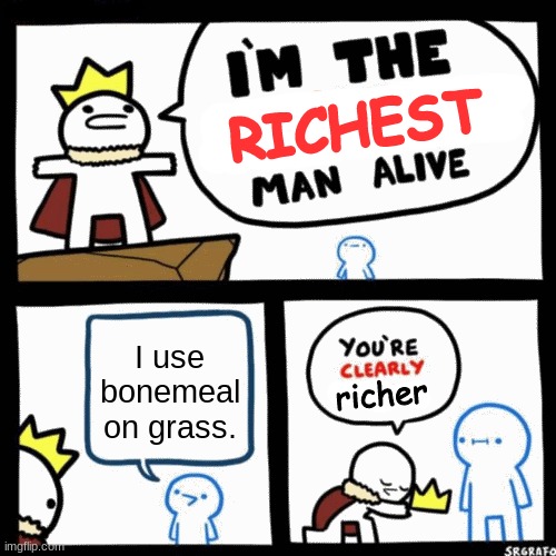 Absolutely nobody does this | RICHEST; I use bonemeal on grass. richer | image tagged in i'm the x man alive | made w/ Imgflip meme maker