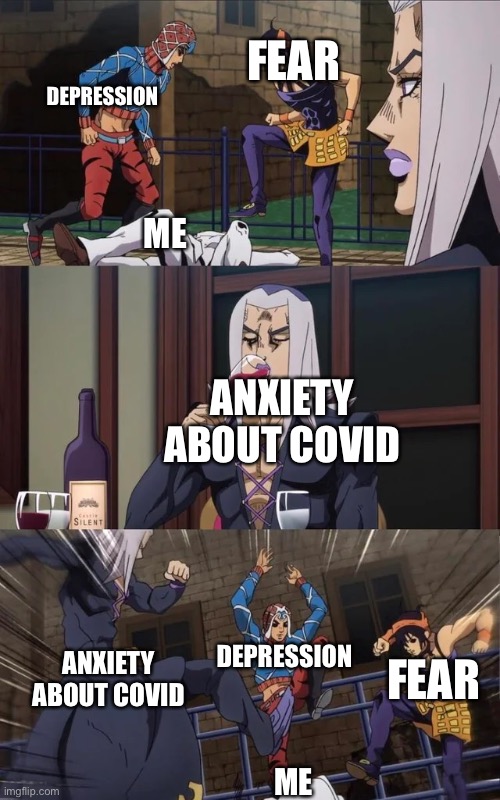 ;-; help me | FEAR; DEPRESSION; ME; ANXIETY ABOUT COVID; FEAR; DEPRESSION; ANXIETY ABOUT COVID; ME | image tagged in jojo beating | made w/ Imgflip meme maker