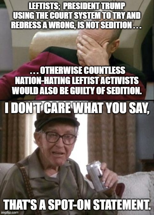 Truth is truth: | LEFTISTS;  PRESIDENT TRUMP USING THE COURT SYSTEM TO TRY AND REDRESS A WRONG, IS NOT SEDITION . . . . . . OTHERWISE COUNTLESS NATION-HATING LEFTIST ACTIVISTS WOULD ALSO BE GUILTY OF SEDITION. | image tagged in memes,captain picard facepalm | made w/ Imgflip meme maker