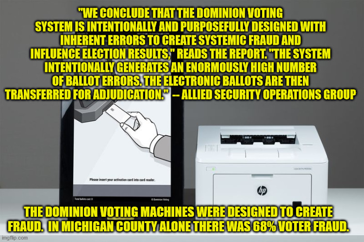More proof of voter fraud.  68% voter fraud found in Michigan County | "WE CONCLUDE THAT THE DOMINION VOTING SYSTEM IS INTENTIONALLY AND PURPOSEFULLY DESIGNED WITH INHERENT ERRORS TO CREATE SYSTEMIC FRAUD AND INFLUENCE ELECTION RESULTS," READS THE REPORT. "THE SYSTEM INTENTIONALLY GENERATES AN ENORMOUSLY HIGH NUMBER OF BALLOT ERRORS. THE ELECTRONIC BALLOTS ARE THEN TRANSFERRED FOR ADJUDICATION."  -- ALLIED SECURITY OPERATIONS GROUP; THE DOMINION VOTING MACHINES WERE DESIGNED TO CREATE FRAUD.  IN MICHIGAN COUNTY ALONE THERE WAS 68% VOTER FRAUD. | image tagged in proof,voter fraud is real,2020 election | made w/ Imgflip meme maker