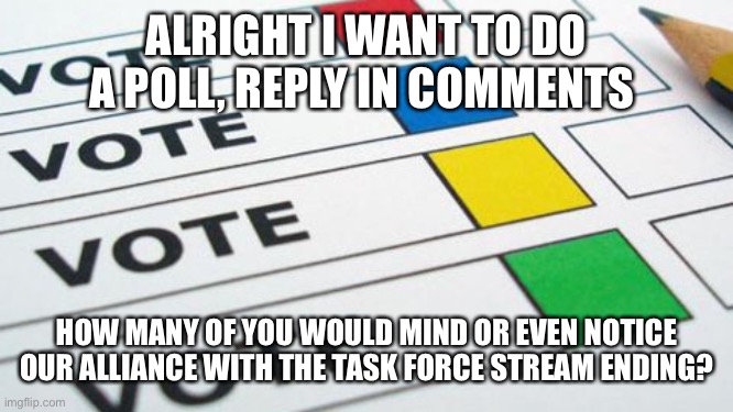 Trust me, I’m a Professional | ALRIGHT I WANT TO DO A POLL, REPLY IN COMMENTS; HOW MANY OF YOU WOULD MIND OR EVEN NOTICE OUR ALLIANCE WITH THE TASK FORCE STREAM ENDING? | image tagged in political poll,trust me,sorry boys,deez nutz | made w/ Imgflip meme maker