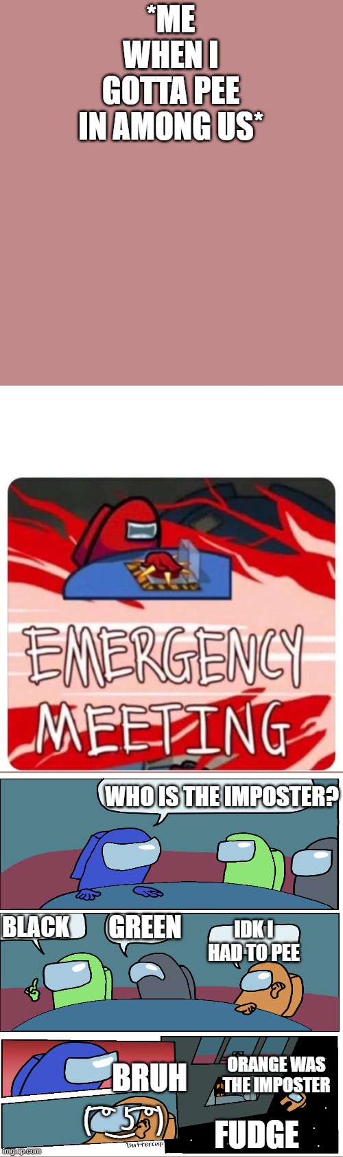 Emergency Meeting Among Us | *ME WHEN I GOTTA PEE IN AMONG US*; WHO IS THE IMPOSTER? BLACK; IDK I HAD TO PEE; GREEN; BRUH; ORANGE WAS THE IMPOSTER; ( ͡° ͜ʖ ͡°); FUDGE | image tagged in emergency meeting among us | made w/ Imgflip meme maker