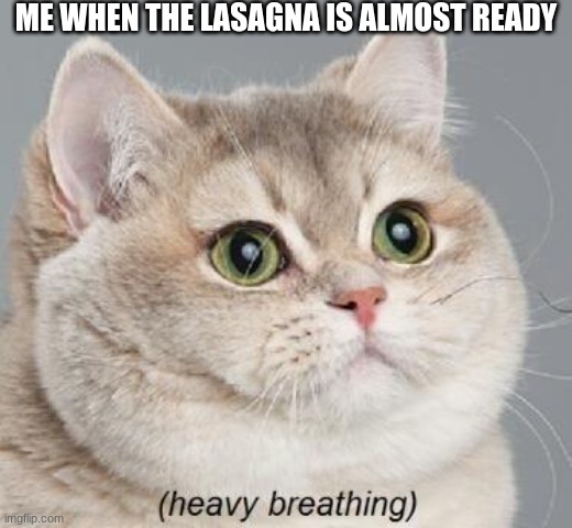 Heavy Breathing Cat | ME WHEN THE LASAGNA IS ALMOST READY | image tagged in memes,heavy breathing cat | made w/ Imgflip meme maker
