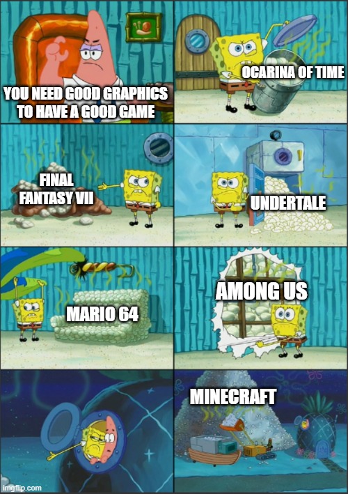 gAmEs NeEd GoOd GrApHiCs FoR gOoD gAmEpLaY | OCARINA OF TIME; YOU NEED GOOD GRAPHICS TO HAVE A GOOD GAME; FINAL FANTASY VII; UNDERTALE; AMONG US; MARIO 64; MINECRAFT | image tagged in spongebob diapers with captions | made w/ Imgflip meme maker
