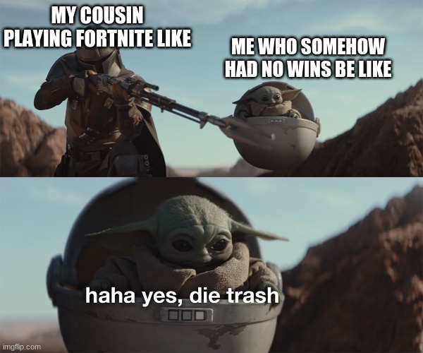 baby yoda die trash | MY COUSIN PLAYING FORTNITE LIKE; ME WHO SOMEHOW HAD NO WINS BE LIKE | image tagged in baby yoda die trash | made w/ Imgflip meme maker