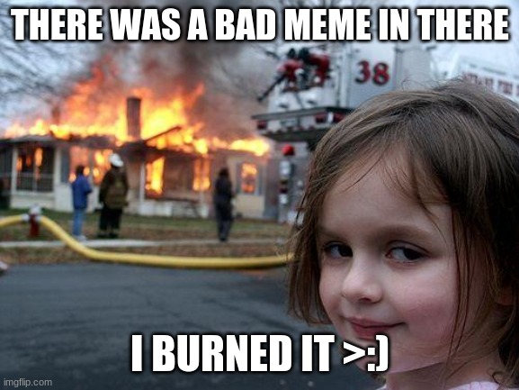 bad meme? go die! | THERE WAS A BAD MEME IN THERE; I BURNED IT >:) | image tagged in memes,disaster girl | made w/ Imgflip meme maker