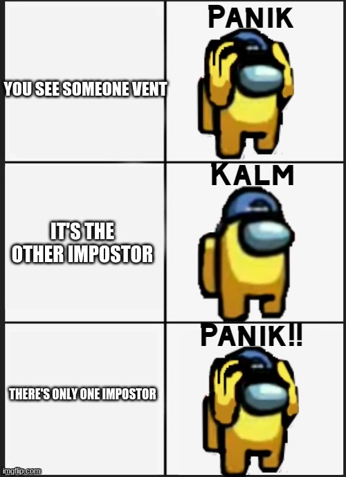 Among us Panik | YOU SEE SOMEONE VENT; IT'S THE OTHER IMPOSTOR; THERE'S ONLY ONE IMPOSTOR | image tagged in among us panik | made w/ Imgflip meme maker