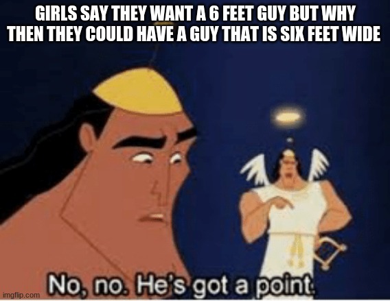 No, no. He's got a point |  GIRLS SAY THEY WANT A 6 FEET GUY BUT WHY THEN THEY COULD HAVE A GUY THAT IS SIX FEET WIDE | image tagged in no no he's got a point | made w/ Imgflip meme maker