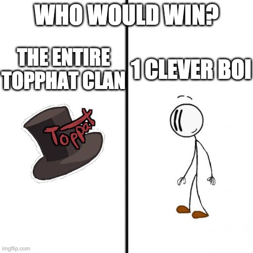 Toppat 2020 | WHO WOULD WIN? THE ENTIRE TOPPHAT CLAN; 1 CLEVER BOI | image tagged in t chart,henry stickmin | made w/ Imgflip meme maker