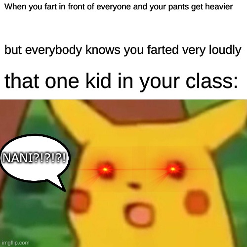 That one guy in class... | When you fart in front of everyone and your pants get heavier; but everybody knows you farted very loudly; that one kid in your class:; NANI?!?!?! | image tagged in memes,surprised pikachu | made w/ Imgflip meme maker