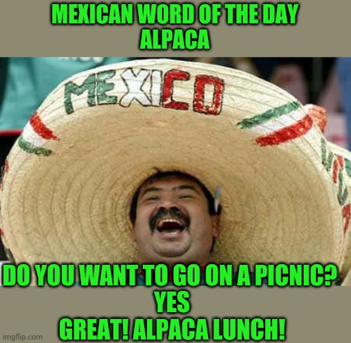 Mexican word of the day is alpaca alpaca lunch |  MEXICAN WORD OF THE DAY
ALPACA; DO YOU WANT TO GO ON A PICNIC? 
YES
GREAT! ALPACA LUNCH! | image tagged in happy mexican,alpaca,mexican word of the day,funny,meme,memes | made w/ Imgflip meme maker