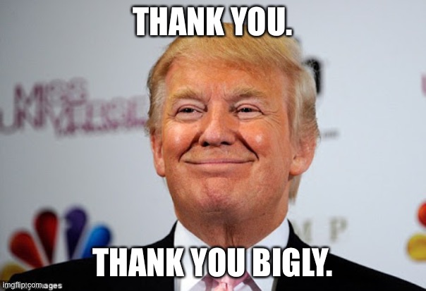 Donald trump approves | THANK YOU. THANK YOU BIGLY. | image tagged in donald trump approves | made w/ Imgflip meme maker