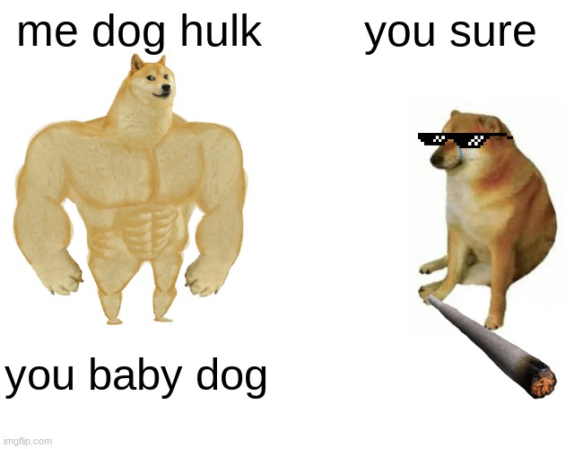 Buff Doge vs. Cheems | me dog hulk; you sure; you baby dog | image tagged in memes,buff doge vs cheems | made w/ Imgflip meme maker