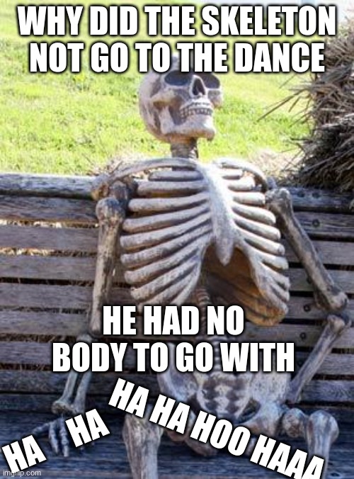 Waiting Skeleton | WHY DID THE SKELETON NOT GO TO THE DANCE; HE HAD NO BODY TO GO WITH; HA HA HOO HAAA; HA      HA     HA | image tagged in memes,waiting skeleton | made w/ Imgflip meme maker