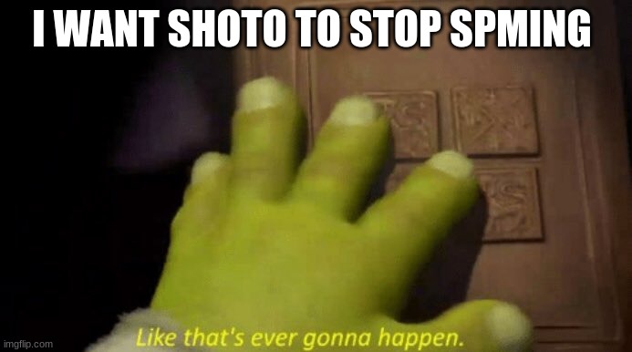 Like that's ever gonna happen. | I WANT SHOTO TO STOP SPMING | image tagged in like that's ever gonna happen | made w/ Imgflip meme maker