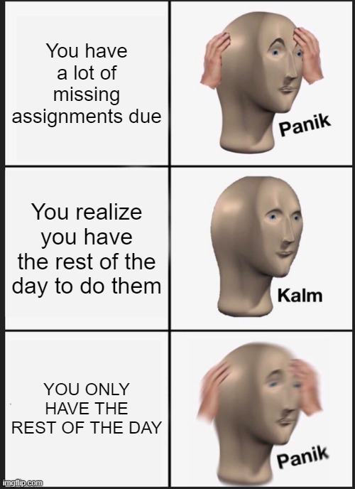 . | You have a lot of missing assignments due; You realize you have the rest of the day to do them; YOU ONLY HAVE THE REST OF THE DAY | image tagged in memes,panik kalm panik | made w/ Imgflip meme maker