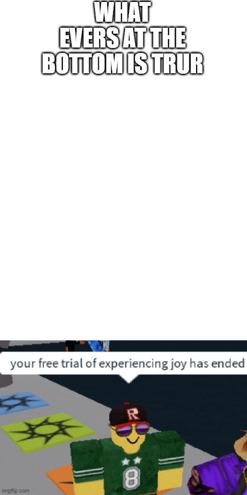 WHAT EVERS AT THE BOTTOM IS TRUR | image tagged in blank white template,your free trial of experiencing joy has ended | made w/ Imgflip meme maker