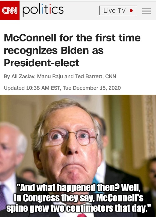 "And what happened then? Well, in Congress they say, McConnell's spine grew two centimeters that day." | image tagged in mitch mcconnell,2020 elections,putin,donald trump,the grinch | made w/ Imgflip meme maker