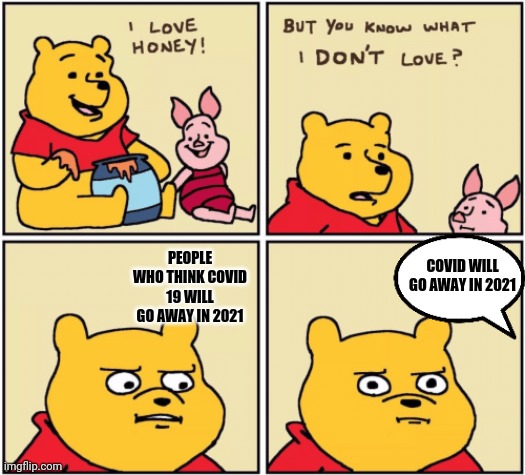 upset pooh | PEOPLE WHO THINK COVID 19 WILL GO AWAY IN 2021; COVID WILL GO AWAY IN 2021 | image tagged in upset pooh | made w/ Imgflip meme maker