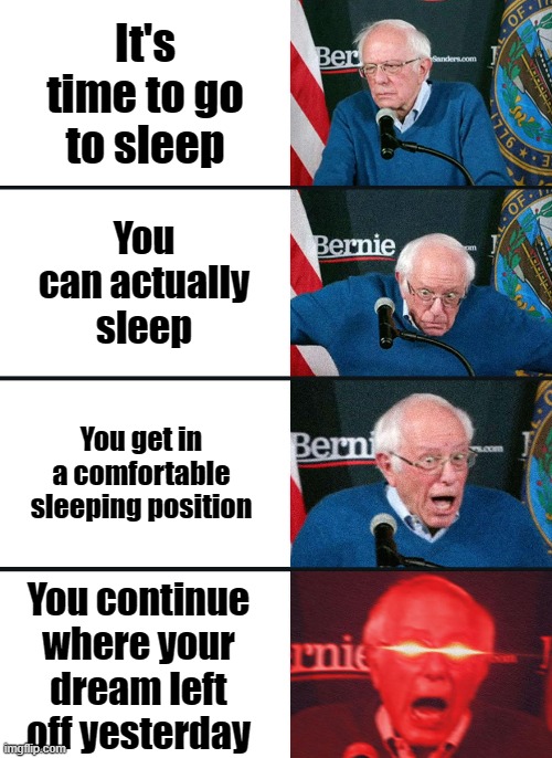 Wish this could happen | It's time to go to sleep; You can actually sleep; You get in a comfortable sleeping position; You continue where your dream left off yesterday | image tagged in bernie sanders reaction nuked,sleep | made w/ Imgflip meme maker