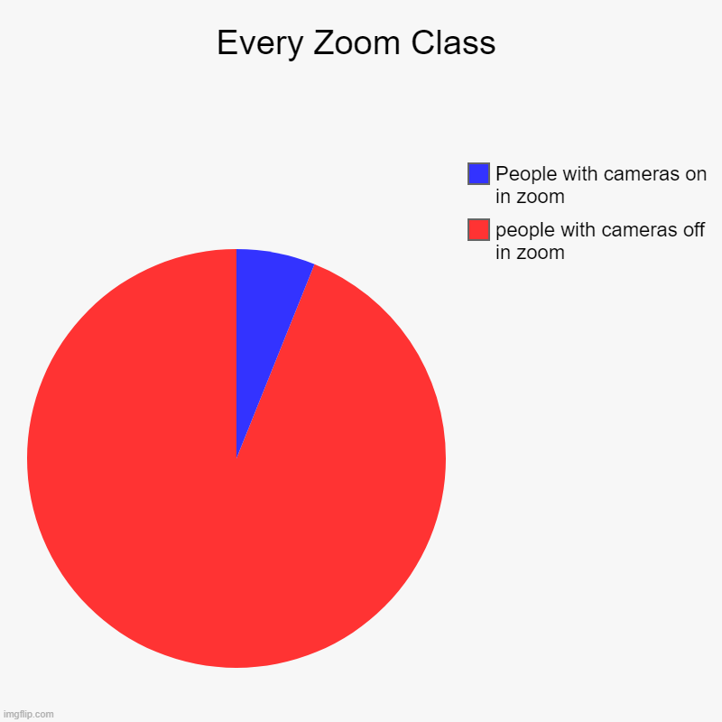 Every zoom class | Every Zoom Class | people with cameras off in zoom, People with cameras on in zoom | image tagged in charts,pie charts | made w/ Imgflip chart maker