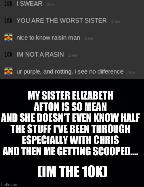 MY SISTER ELIZABETH AFTON IS SO MEAN
AND SHE DOESN'T EVEN KNOW HALF THE STUFF I'VE BEEN THROUGH ESPECIALLY WITH CHRIS AND THEN ME GETTING SCOOPED.... (IM THE 10K) | image tagged in black background | made w/ Imgflip meme maker