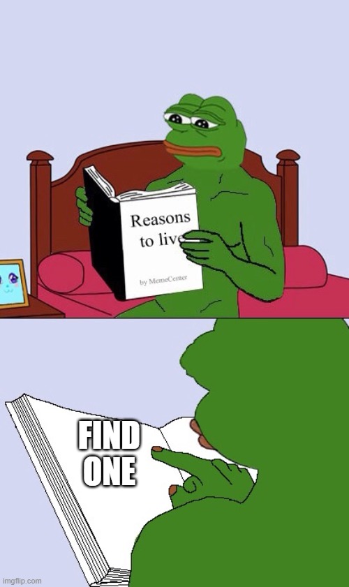 Blank Pepe Reasons to Live | FIND ONE | image tagged in blank pepe reasons to live | made w/ Imgflip meme maker