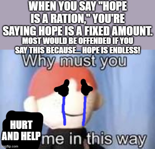 STM #18: Hopeless Moment, Hopeful Moment | WHEN YOU SAY "HOPE IS A RATION," YOU'RE SAYING HOPE IS A FIXED AMOUNT. MOST WOULD BE OFFENDED IF YOU SAY THIS BECAUSE... HOPE IS ENDLESS! HURT AND HELP | image tagged in why must you hurt me in this way | made w/ Imgflip meme maker