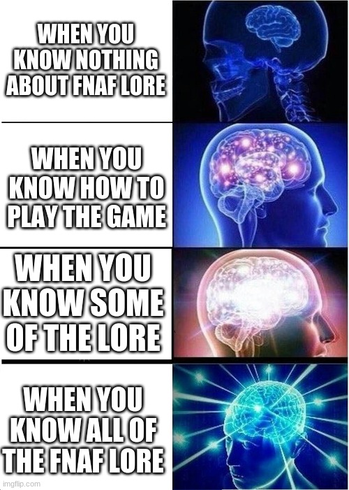 FNAF LOREEEEEEEEEEEEEEEEEEEEEEEEEEEEEEEEEEEE | WHEN YOU KNOW NOTHING ABOUT FNAF LORE; WHEN YOU KNOW HOW TO PLAY THE GAME; WHEN YOU KNOW SOME OF THE LORE; WHEN YOU KNOW ALL OF THE FNAF LORE | image tagged in memes,expanding brain,fnaf | made w/ Imgflip meme maker