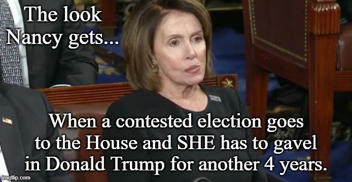 Ugly, but poetic justice. | The look Nancy gets... When a contested election goes to the House and SHE has to gavel in Donald Trump for another 4 years. | image tagged in donald trump,conservatives,nancy pelosi,2020 elections,maga | made w/ Imgflip meme maker