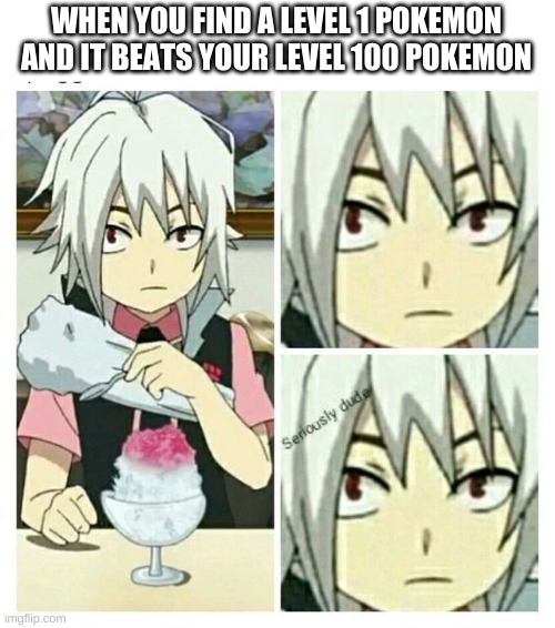 Dude | WHEN YOU FIND A LEVEL 1 POKEMON AND IT BEATS YOUR LEVEL 100 POKEMON | image tagged in beyblade burst seriously dude | made w/ Imgflip meme maker