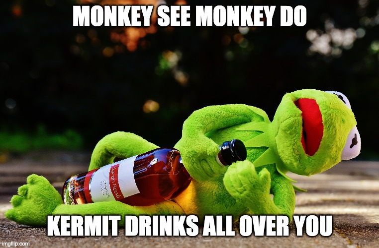 Monkey see Monkey do | MONKEY SEE MONKEY DO; KERMIT DRINKS ALL OVER YOU | image tagged in monkey see monkey do | made w/ Imgflip meme maker