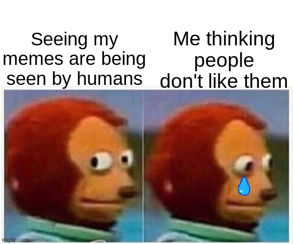 We don't talk about it T^T | Me thinking people don't like them; Seeing my memes are being seen by humans | image tagged in memes,monkey puppet | made w/ Imgflip meme maker