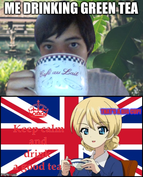 Me and Darjeeling drinking tea | ME DRINKING GREEN TEA; THAT'S A BIG CUP! | image tagged in tea,anime,girls und panzer | made w/ Imgflip meme maker