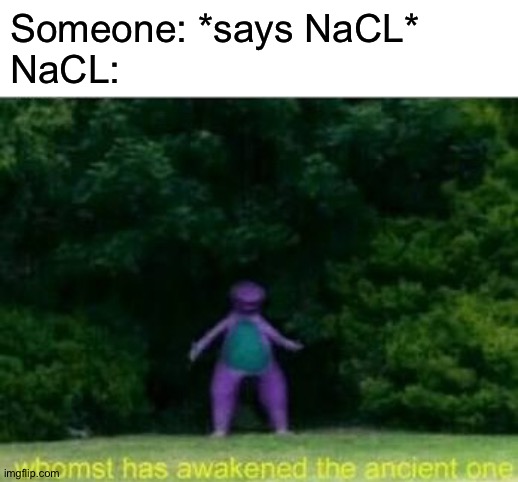 . | Someone: *says NaCL*
NaCL: | image tagged in whomst has awakened the ancient one | made w/ Imgflip meme maker