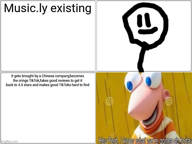 HEY FERB,I KNOW WHAT WE'RE GOING TO DO TODAY..... | Music.ly existing; It gets brought by a Chinese company,becomes the cringe TikTok,fakes good reviews to get it back to 4.5 stars and makes good TikToks hard to find | image tagged in memes,blank comic panel 2x2,phineas and ferb | made w/ Imgflip meme maker