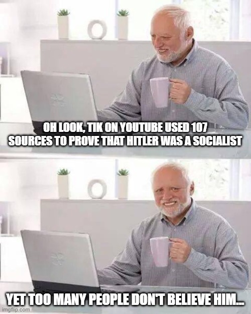 TIK uses 107 legit sources and yet people are so biased that they don't believe him! | OH LOOK, TIK ON YOUTUBE USED 107 SOURCES TO PROVE THAT HITLER WAS A SOCIALIST; YET TOO MANY PEOPLE DON'T BELIEVE HIM... | image tagged in memes,hide the pain harold | made w/ Imgflip meme maker