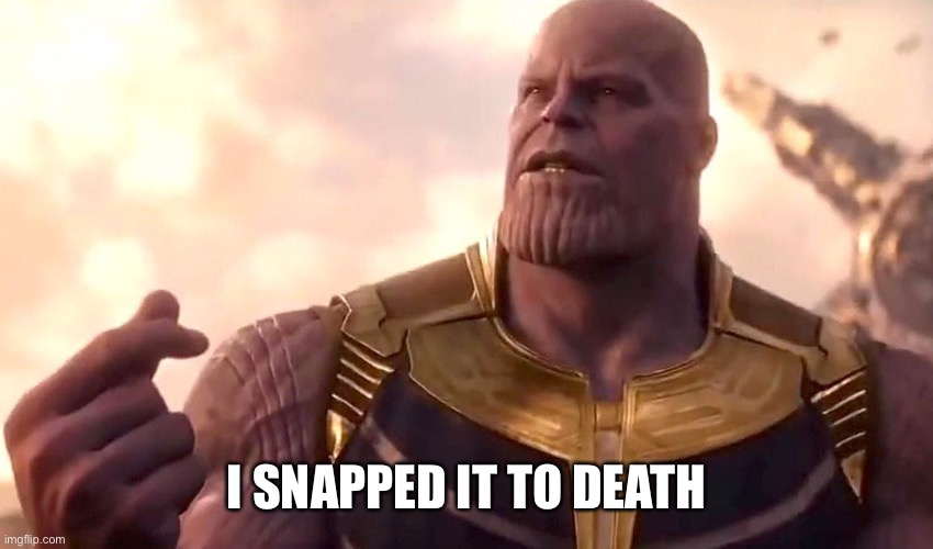 thanos snap | I SNAPPED IT TO DEATH | image tagged in thanos snap | made w/ Imgflip meme maker