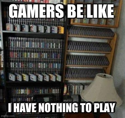 Thats alot of games. | GAMERS BE LIKE; I HAVE NOTHING TO PLAY | image tagged in memes,funny,gaming,pandaboyplaysyt,gamer | made w/ Imgflip meme maker